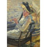 J* Milne (20th Century) An elegant lady with a parasol, sitting on a bench Signed, oil on canvas