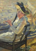 J* Milne (20th Century) An elegant lady with a parasol, sitting on a bench Signed, oil on canvas