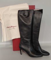 Pair of Salvatore Ferragamo 'Foliba' Black Nero Calf Leather Knee High Boots, with zip to the