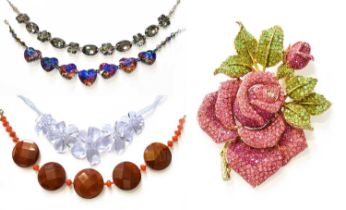Four Butler & Wilson Necklaces in heart, floral, snowflake and orange bead designs, together with