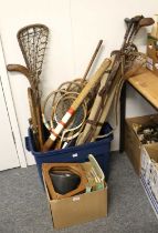 A Collection of Vintage Sports Equipment including, Hickory Shafted golf club and other, lacrosse
