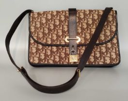Christian Dior Brown Monogram Canvas Shoulder Bag with brown leather trims, shoulder strap,
