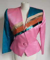 Circa 1980s Saint Laurent Rive Gauche Bright Pink Silk and Sequin Jacket, a formal jacket with