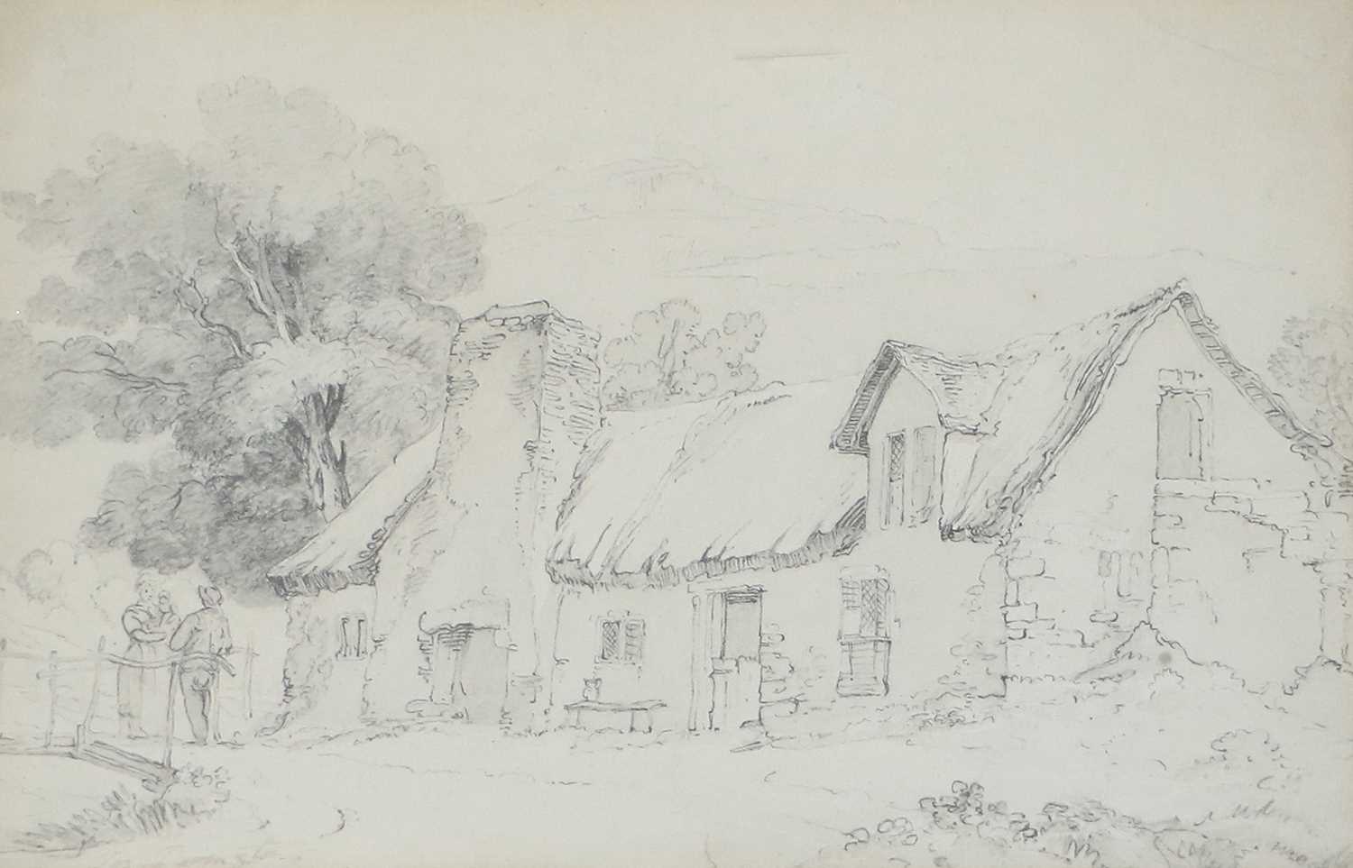 Attributed to Hugh O'Neill (1784–1824) Figures conversing outside a thatched cottage Signed Jos.