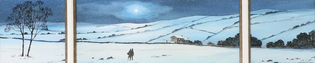 Digby Page (20th Century) "Heading for Home" Signed, acrylic, 23.5cm by 115cm (mounted as three)