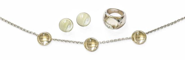 A Necklace, Ring and Earring Suite, by Lalique, each comprising colourless glass, earrings with post