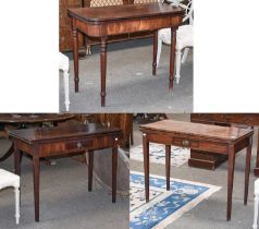 A George III Inlaid Mahogany Fold Over Tea Table, with single drawer and square tapering supports,