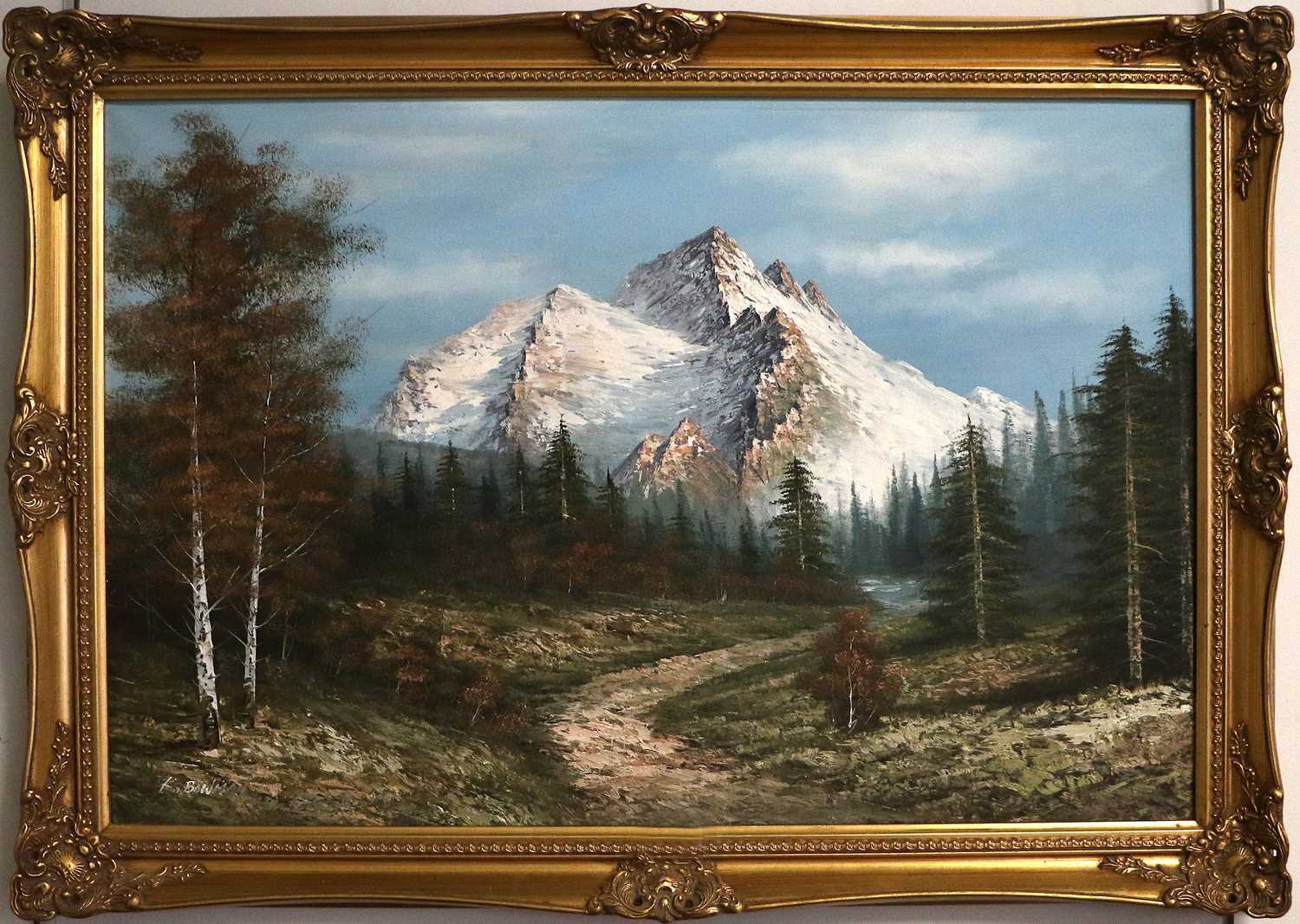 Ken Bowman (20th Century) A woodland path with snow capped mountains beyond Signed, oil on canvas, - Image 2 of 4