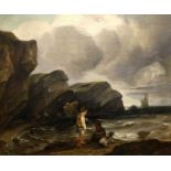 British School (19th Century) Fisherfolk on a rocky shore Bears signature, oil on canvas, 61cm by