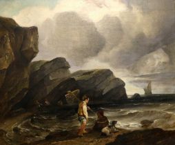British School (19th Century) Fisherfolk on a rocky shore Bears signature, oil on canvas, 61cm by