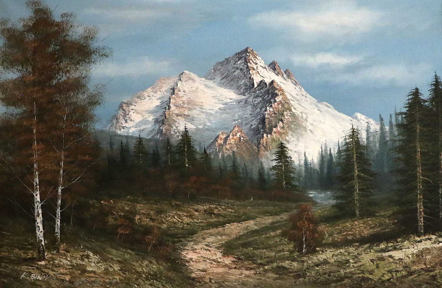 Ken Bowman (20th Century) A woodland path with snow capped mountains beyond Signed, oil on canvas, - Image 3 of 4
