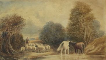 Circle of David Cox (1783-1859) Sheep and ponies on a rural lane Signed, watercolour, 29cm by 48cm