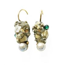 A Pair of Pyrite, Green Stone and Cultured Pearl Earrings, by Gatto Bianco, the pyrite crystal