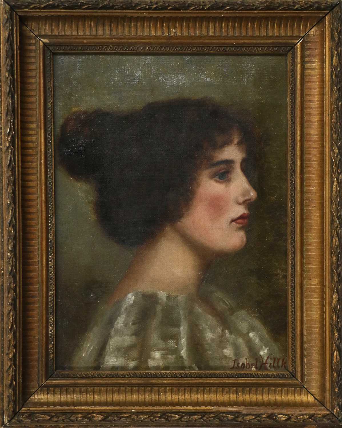 Isabel Hullk (20th Century) Potrait of an elegant lady, head and shoulders, wearing a white dress - Image 2 of 3
