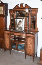 An Edwardian Satinwood Inlaid Rosewood Mirror Backed Sideboard, the bow fronted lower section with a