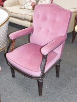 A Reproduction Upholstered Open Armchair, with button upholstery and reeded tapering supports,