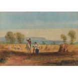 Circle of David Cox (1783-1859) Traveller at harvest Watercolour, 15cm by 22cm