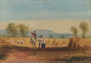 Circle of David Cox (1783-1859) Traveller at harvest Watercolour, 15cm by 22cm