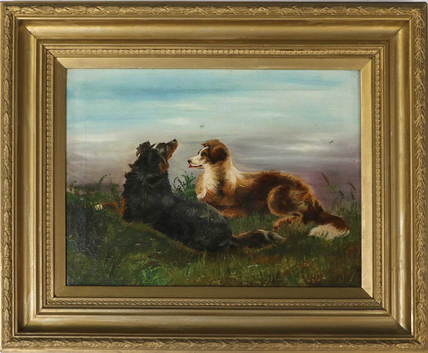Follower of J Langlois (1855-1904) Two Collies resting in a field Oil on canvas, 26.5cm by 36cm - Image 3 of 3