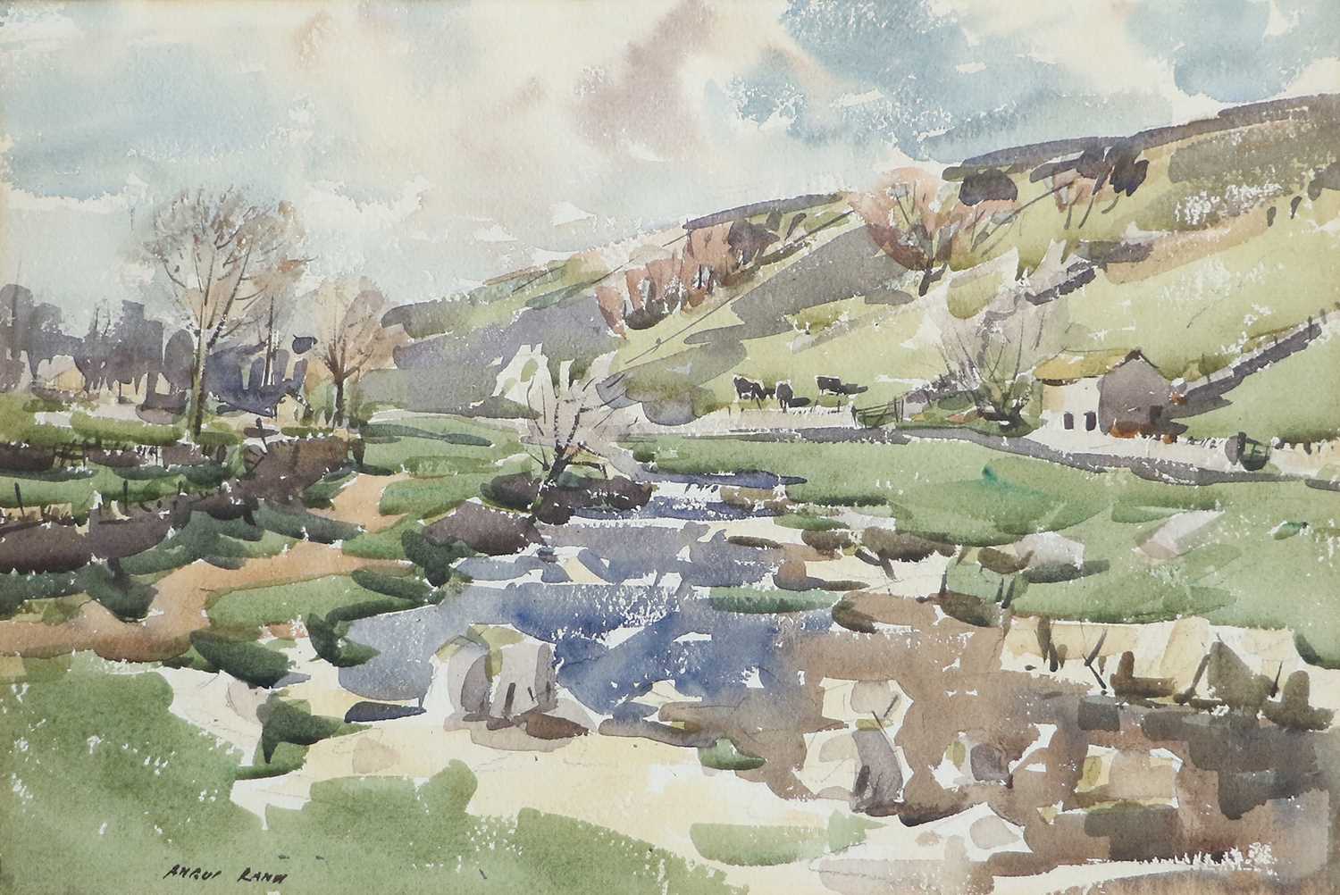 Angus Rands (1922-1985) A stone barn by a river in Langthrosdale Signed, indistinctly inscribed