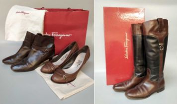 Salvatore Ferragamo Footwear comprising a pair of tan leather heels with buckle and stitched