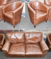 A ''Halo'' Brown Leather Two Seater Sofa, 171cm; together with a pair of matching tub chairs