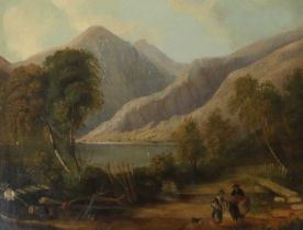 British School (19th Century) A lake view, with a man chopping wood and figures conversing in the