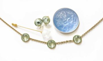 A Quantity of Lalique Costume Jewellery comprising of a frosted glass tulip pin, length 7.3cm, a