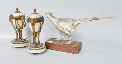 A Silver Plated Model of a Pheasant on Wooden Plinth Base, 37cm long; together with a pair of 19th