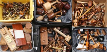 A Large Quantity of Wood and Brass Ceremonial Mallets, Gavels and Base Plates, in three suitcases