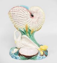 A Royal Worceter Majolica Centre Piece of a Shell, on floral base with swan, impressed mark, 21cm