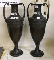 A Pair of Neoclassical Bronzed Amphorae Vases, twin-handled vine relief frieze, 51cm high (2)