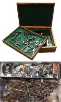 A Large Quantity of Keys, various padlocks, pliers, punches and tools, some in an oak canteen.