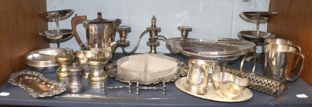 A Quantity of Assorted Silver Plate, to include,a pierced ovoid basket with swing handle, hot