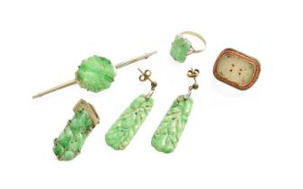 A Quantity of Jade Jewellery, comprising of a pair of drop earrings, with post fittings, drop length