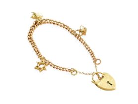 A Curb Link Bracelet, stamped '9' and '.375', suspending three charms, with a heart shaped padlock