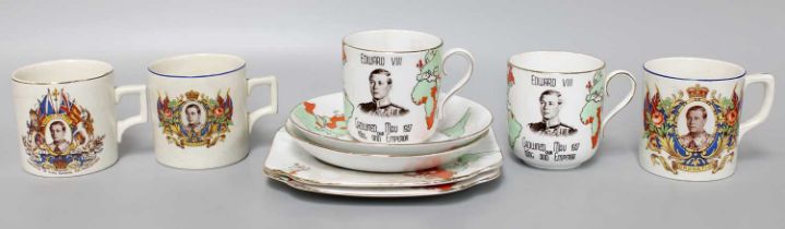 Two Colclough Edward VIII Cups, saucers and side plates, and three Edward VIII mugs