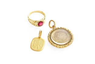 A St Christopher Pendant, stamped '375'; A Synthetic Ruby Ring, finger size O; and A Hairwork