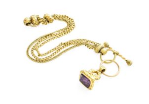 An Albertina Chain, suspending an amethyst fob, length 27cm The pieces are in good to fair condition