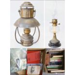 A Brass Hanging Oil Lamp, an oil lamp with clear glass reservoir, a small quantity of postcards,