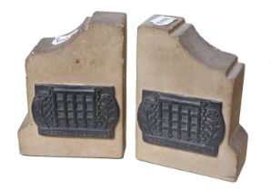 A Pair of WWII Carved Stone Bookends, bareing plaque inscribed Westminster 1941 (made from air