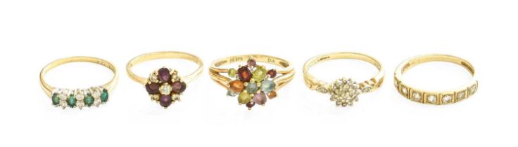 Five Rings, comprsing of a multi gem-set cluster ring, stamped '375', finger size O1/2; a 9 carat