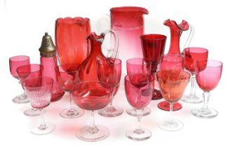 A Collection of Mostly 19th Century Cranberry Glasswares, including two decanters, various stemmed