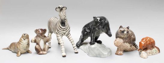 Beswick Wild Animals, including Zebra, model No. 845B, Puma on Rock, model No. 1702, black gloss,