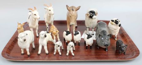 Beswick Farm Animals, including goats, sheep, a donkey, and a Royal Doulton pig and piglet (one