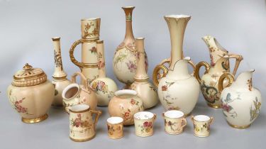 A Collection of Royal Worcester Blush Ground Porcelain, various items including vases, miniatures,