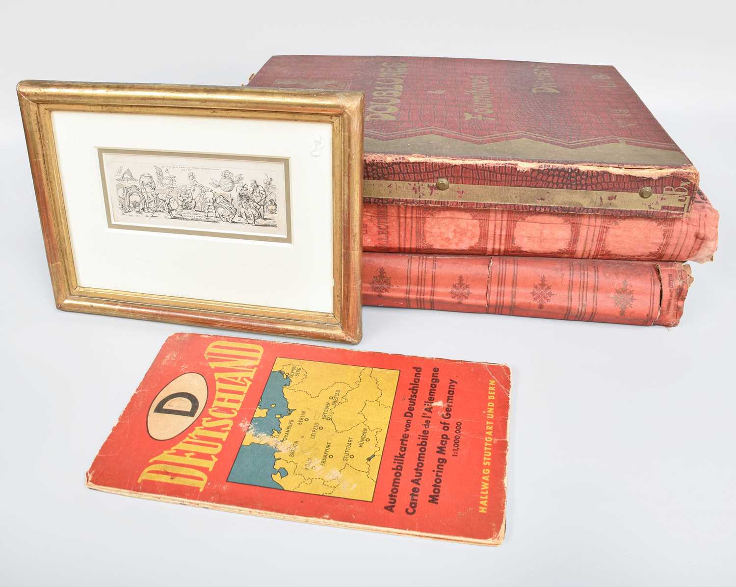 Assorted 19th Century and Later Printed Paper Scraps and Other Items, in three red bound albums, a