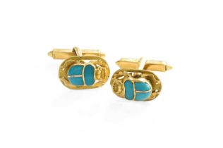 A Pair of Blue Glass Cufflinks, in the form of scarabs, with swivel bars Indistinctly marked, in our