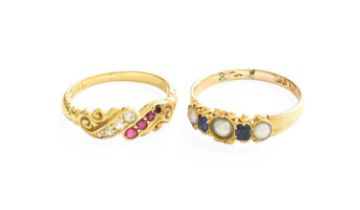 A 15 Carat Gold Sapphire and Split Pearl Five Stone Ring, finger size N; and An 18 Carat Gold Ruby