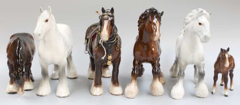 Beswick Shire Horses, comprising cantering, grazing and harnessed examples, and a shire foal (one